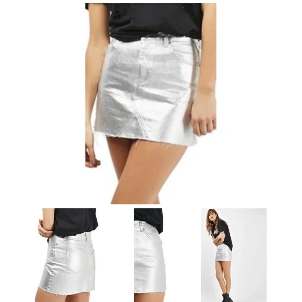 Topshop Silver Metallic Frayed Hem Moto Mini Skirt Size 6 - Picture 10 of 10